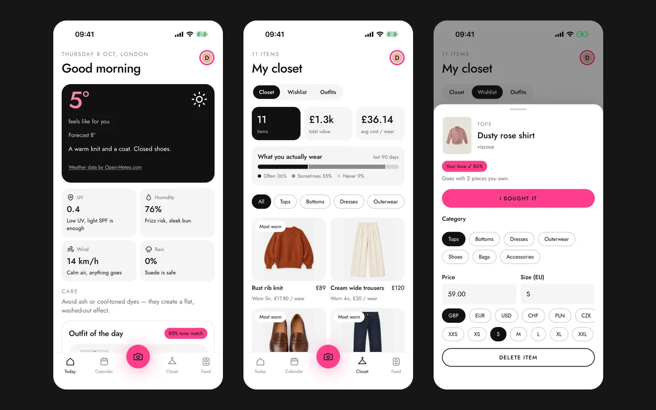 L’app Wearton per smartphone: la pagina Oggi con la temperatura percepita, l’armadio con il costo per utilizzo e un capo della lista dei desideri con la sua compatibilità con i tuoi colori