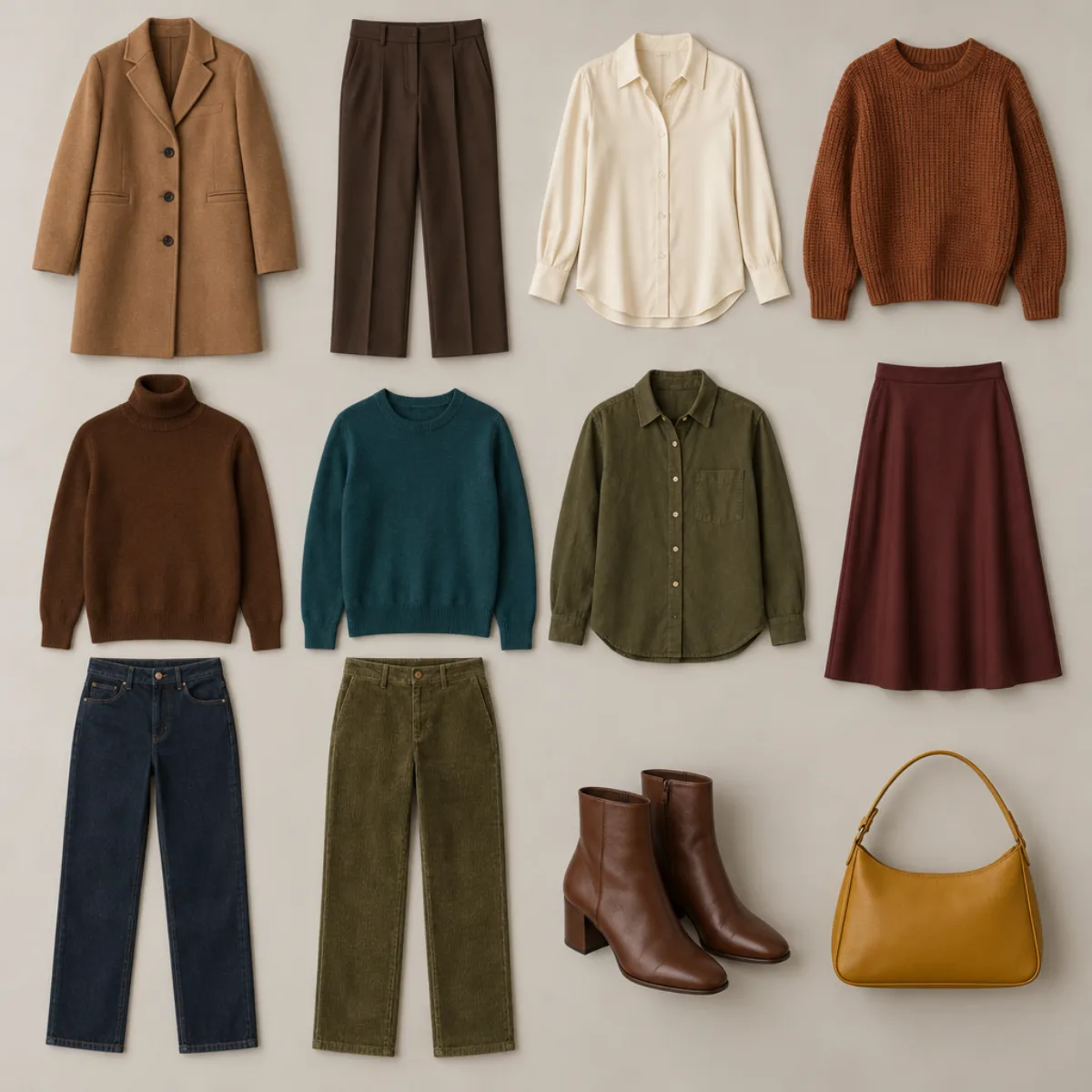 Deep Autumn capsule wardrobe: 12 pieces in camel, espresso, cream, rust, chocolate, teal, olive and oxblood