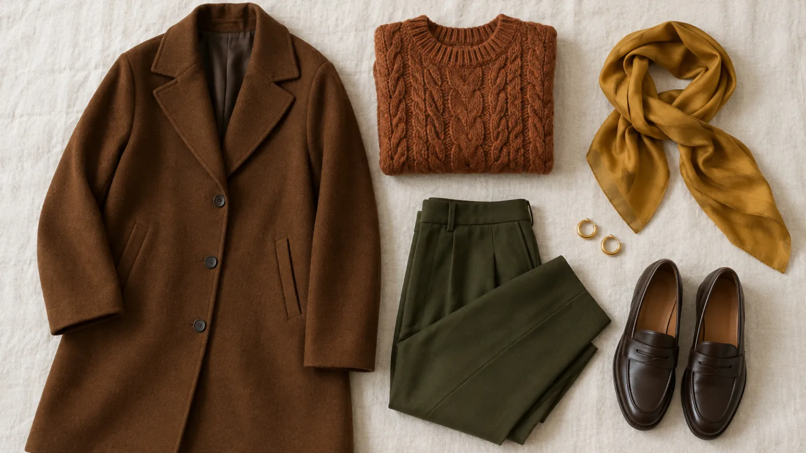 Deep Autumn outfit flat lay in chocolate brown, rust, dark olive and mustard gold