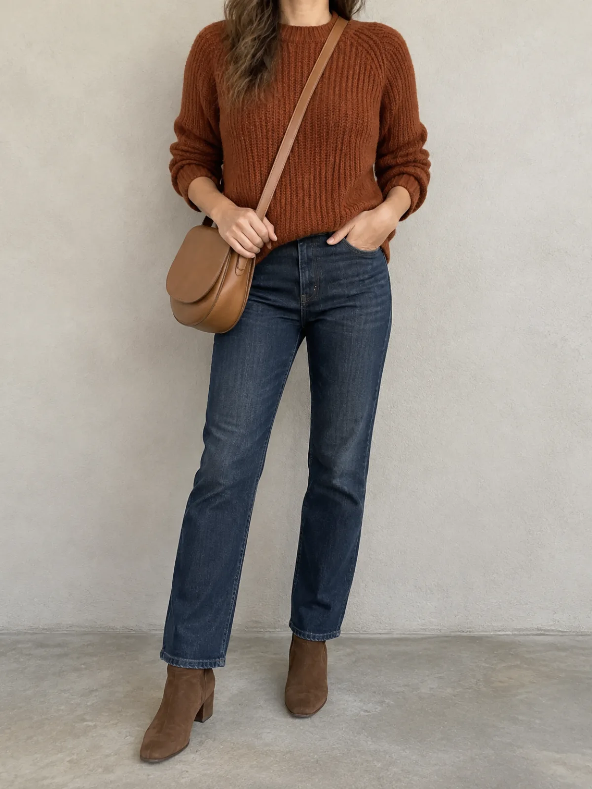 Deep Autumn weekend outfit: rust knit sweater, dark jeans and brown suede boots