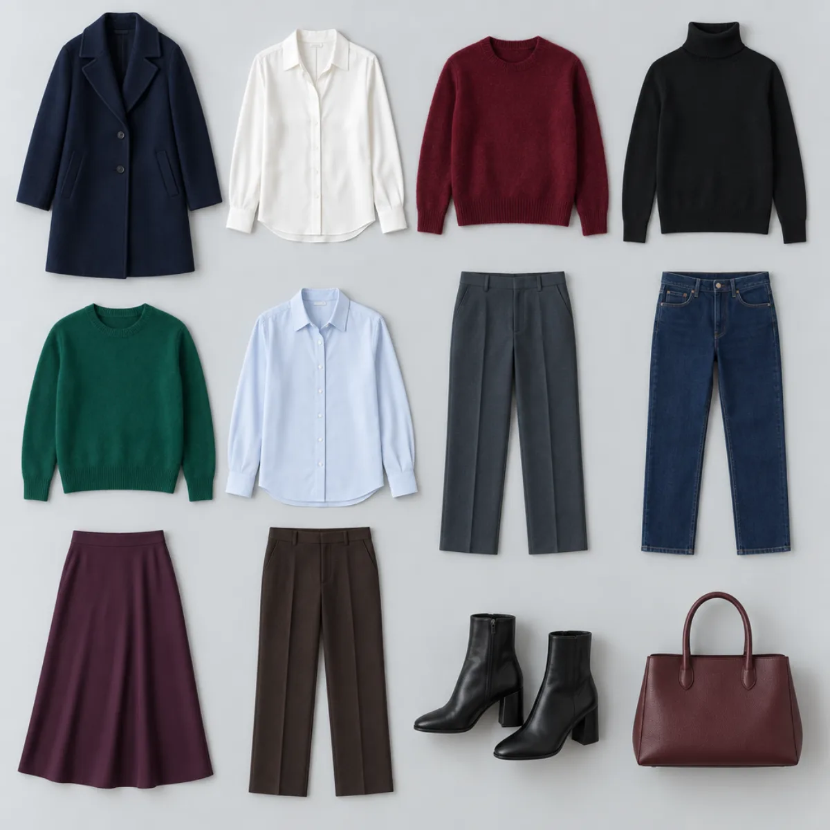 Capsule Wardrobe im Dunklen Winter: 12 Teile in Mitternachtsblau, Reinweiß, Bordeaux, Schwarz, Smaragdgrün, Eisblau, Anthrazit und Pflaume