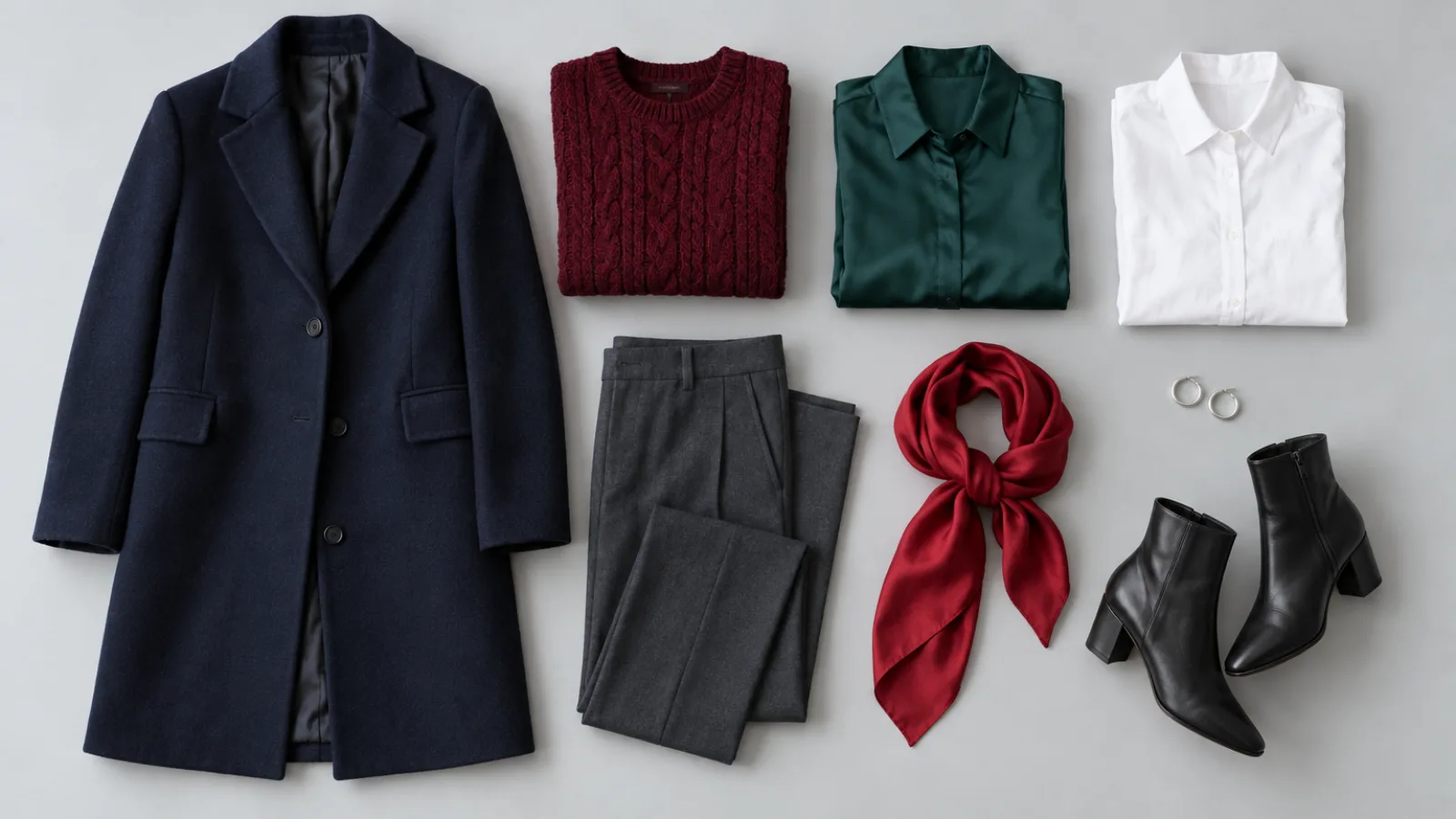 Flatlay mit einem Outfit im Dunklen Winter in Mitternachtsblau, Bordeaux, tiefem Smaragdgrün und Reinweiß