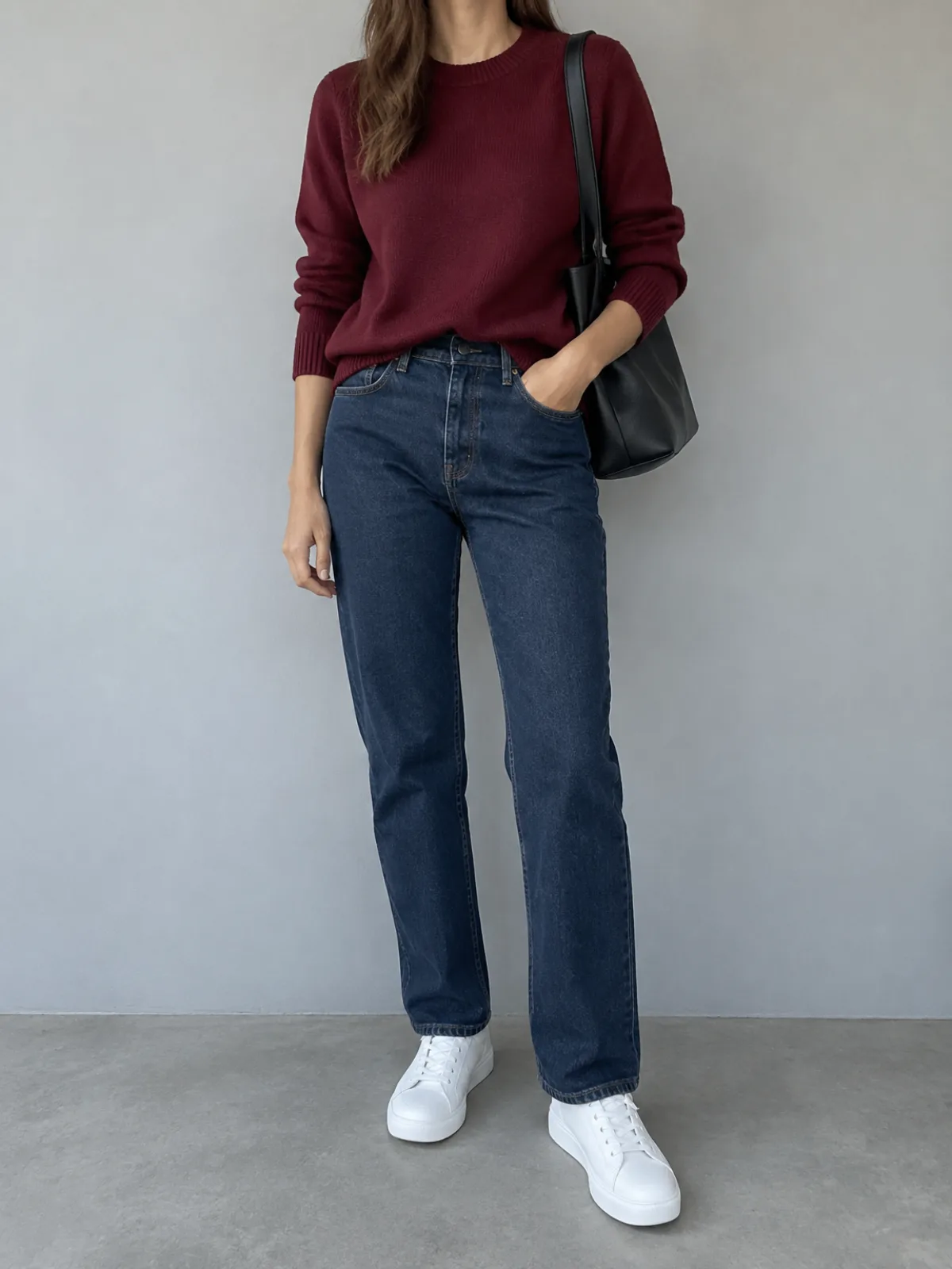 Wochenend-Outfit im Dunklen Winter: Strickpullover in Bordeaux, dunkle tintenblaue Jeans und weiße Sneaker