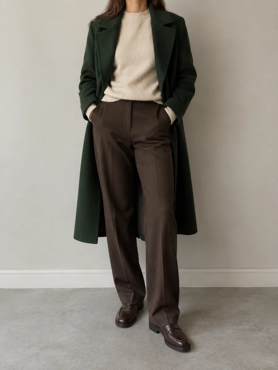 Woman in a forest green coat over a cream sweater and espresso trousers