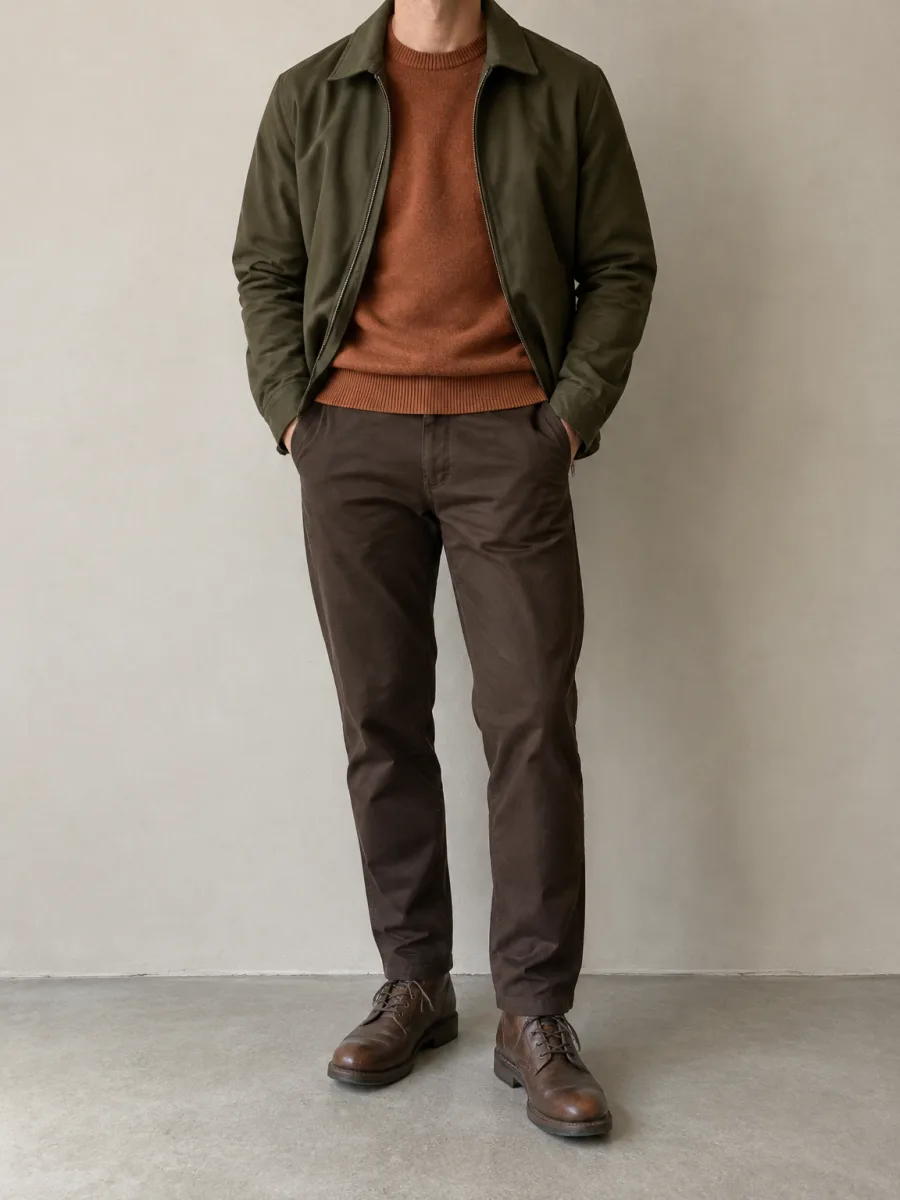Man in a dark olive jacket over a rust sweater