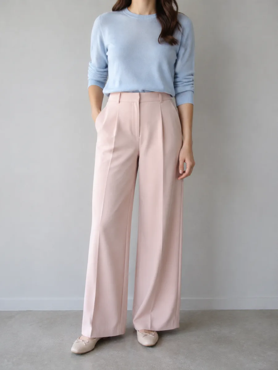 Woman in a powder blue top and pale pink trousers