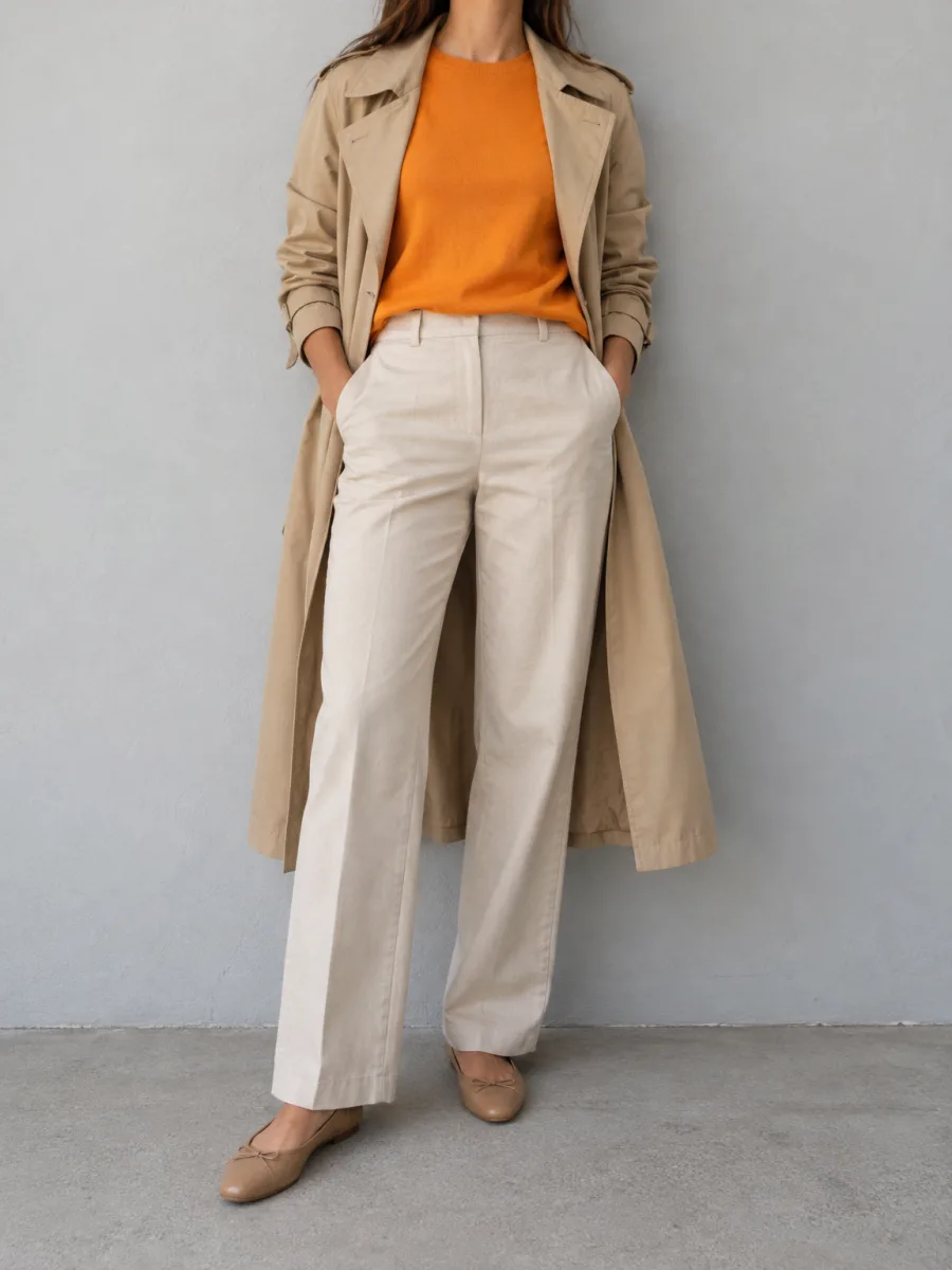 Frau in einem Trenchcoat in warmem Beige über einem orangefarbenen Oberteil