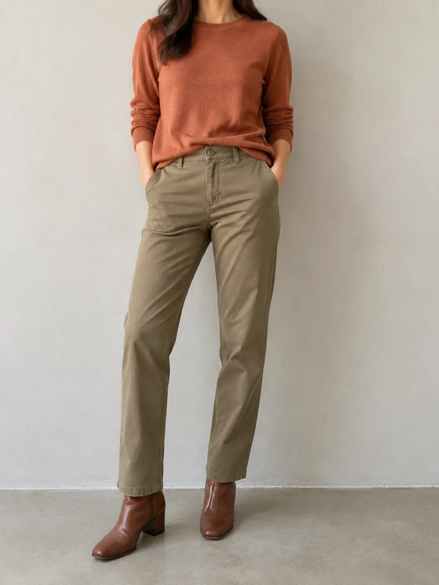 Woman in a terracotta top, khaki trousers and brown boots
