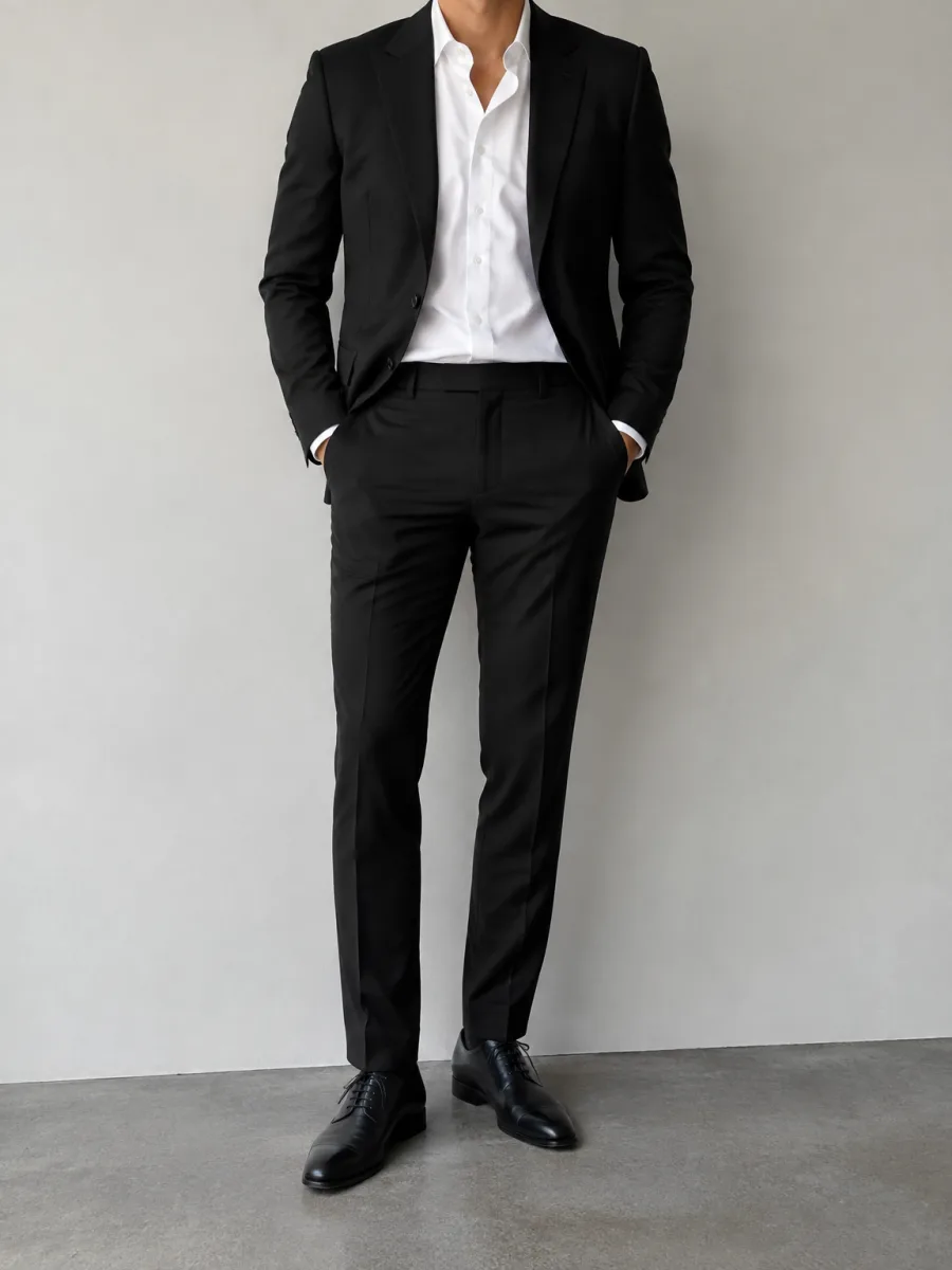 Man in a black suit with an optic white shirt