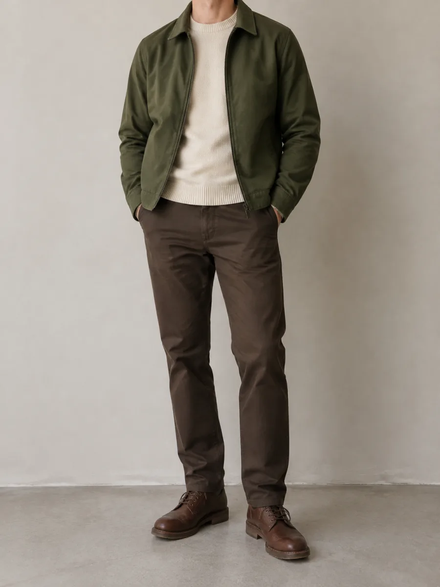 Man in a moss green jacket over a cream sweater