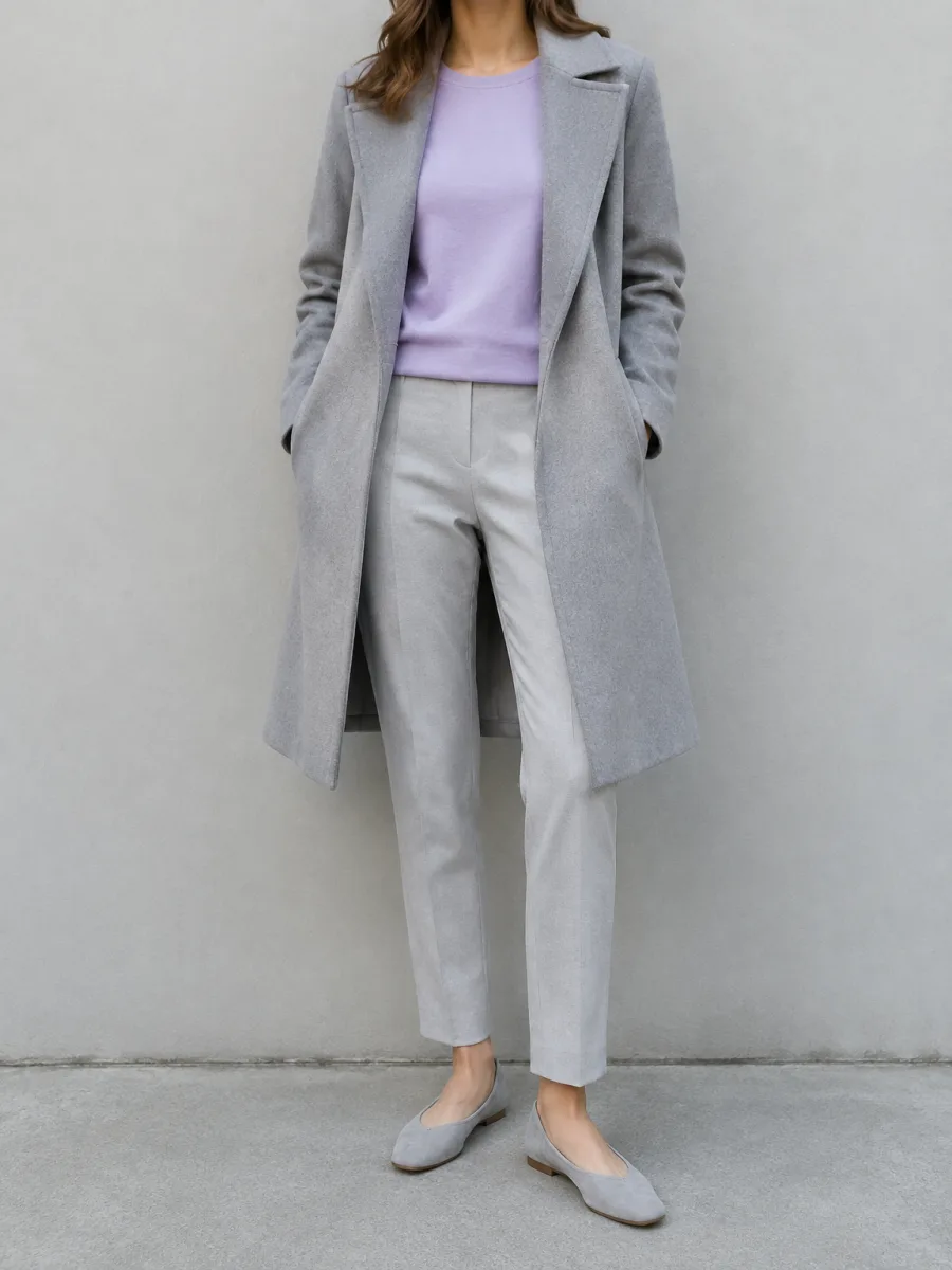 Woman in a light cool grey coat over a lavender top