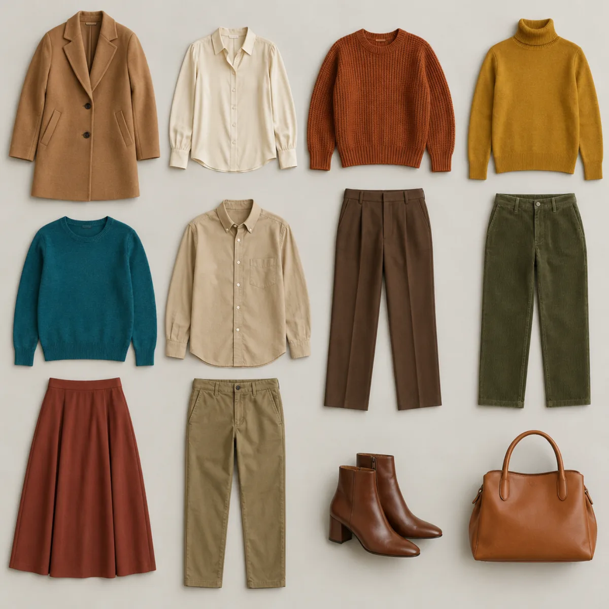 Warm Autumn capsule wardrobe: 12 pieces in camel, cream, rust, mustard, teal, chocolate, moss and brick red