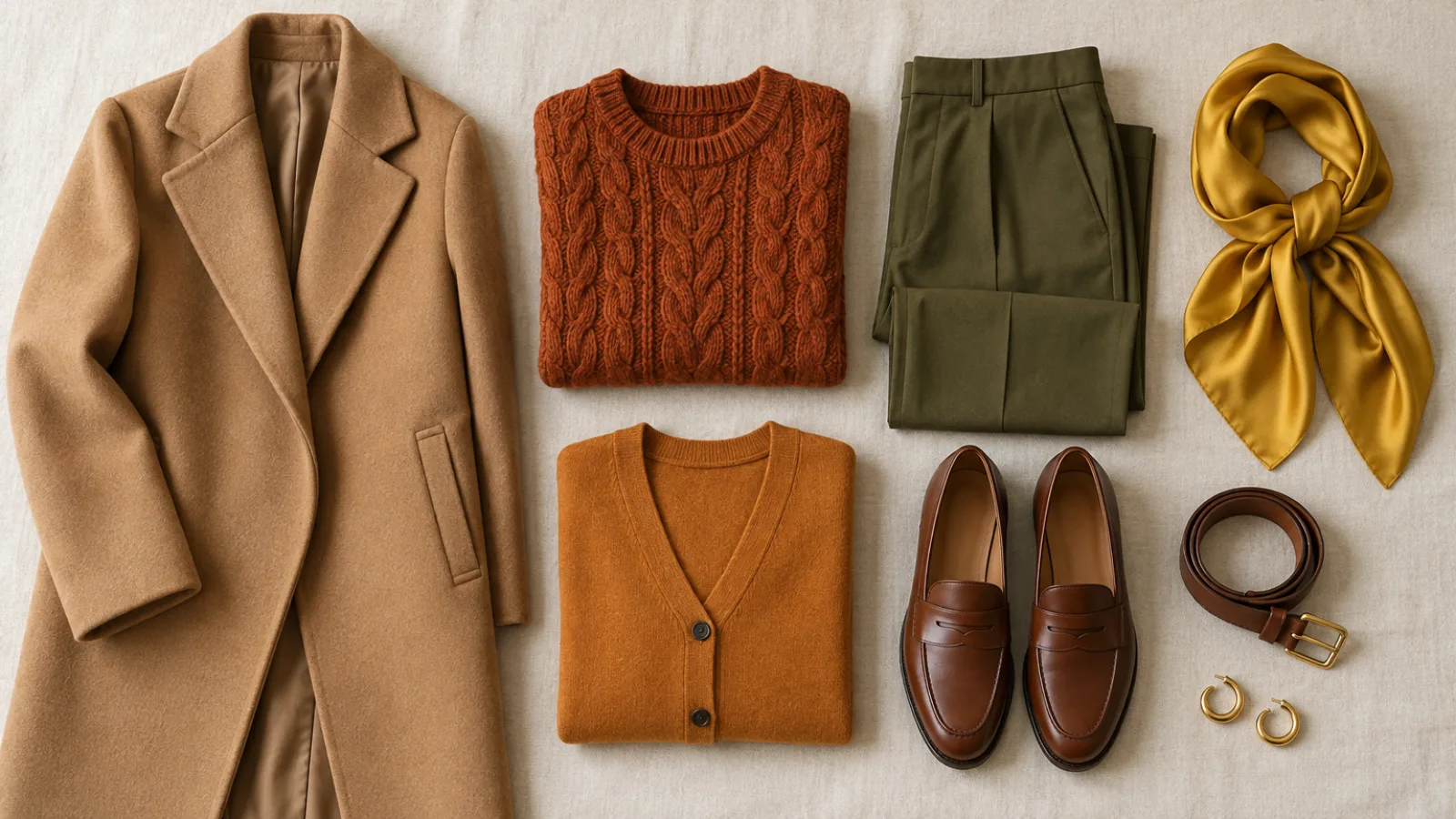 Warm Autumn outfit flat lay in rust, ochre, olive and camel