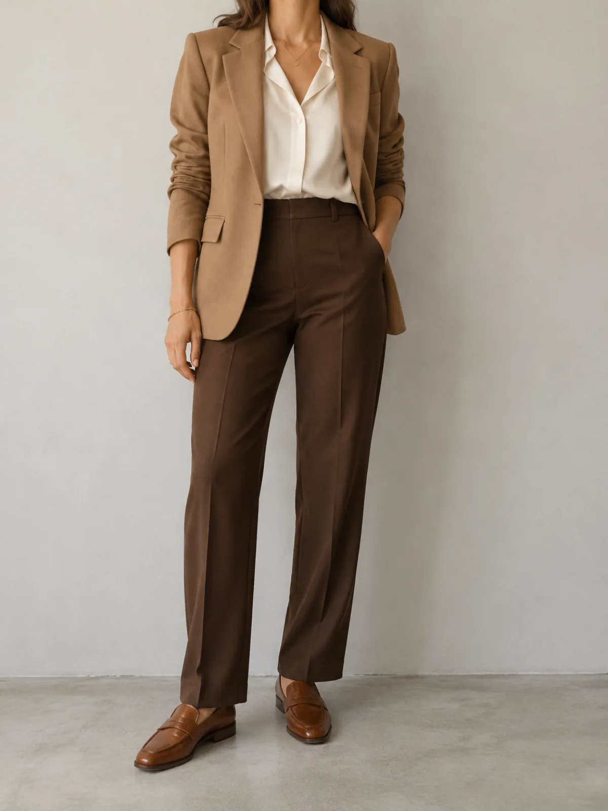 Warm Autumn work outfit: camel blazer, cream blouse and chocolate brown trousers with brown leather loafers